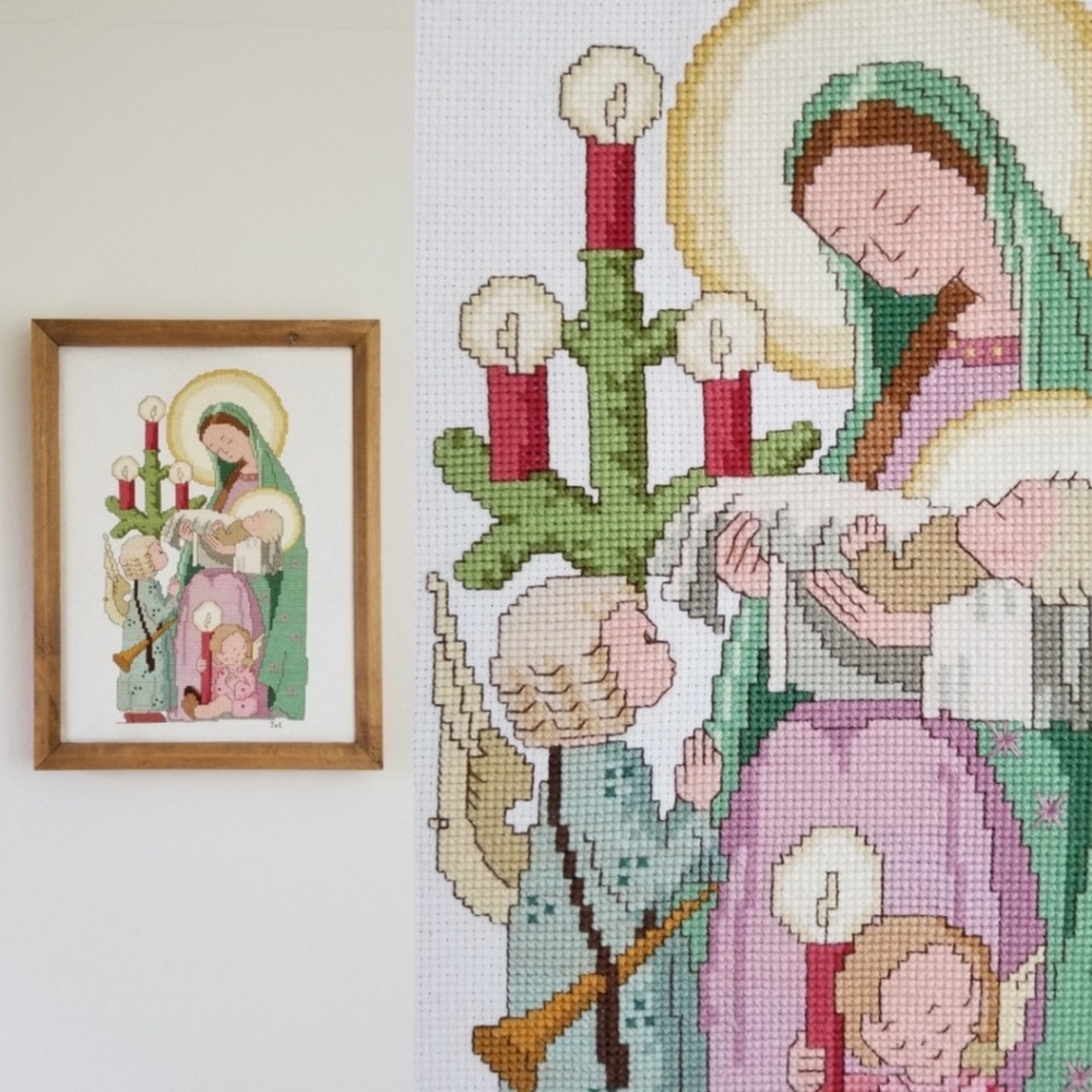 VTG Virgin Mary & Baby Jesus Needlepoint Art
